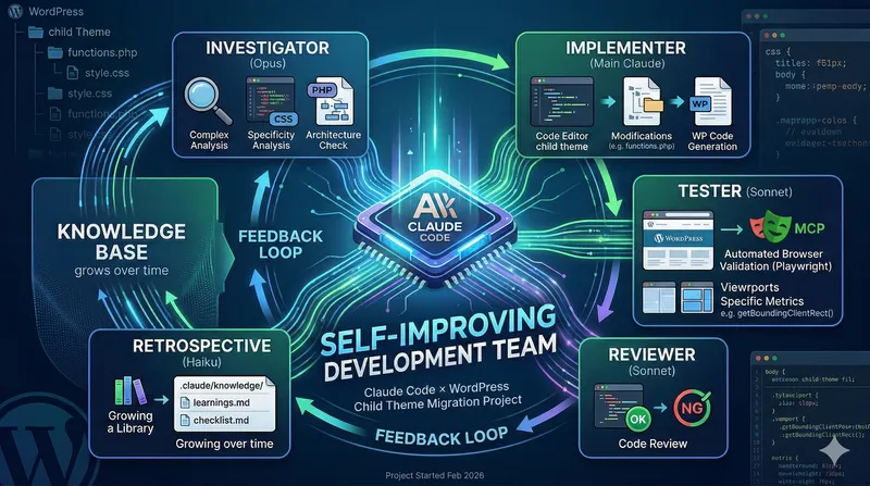 Claude Code で「自己改善する開発チーム」を作った — WordPress子テーマ移行プロジェクトの実践記録