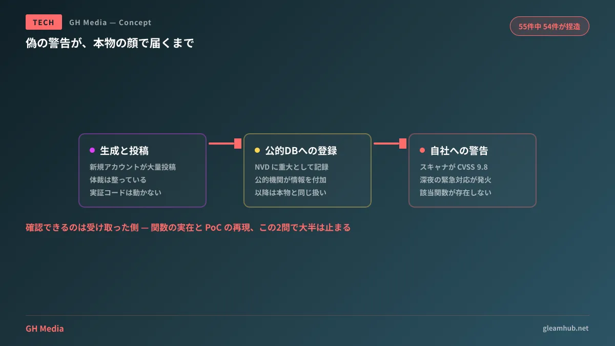 AI生成の偽の脆弱性報告が届くまでの経路。投稿から公的データベースへの登録、スキャナ経由での警告、そして緊急対応に至る流れと、どの段階で真贋の確認が可能かを示した図