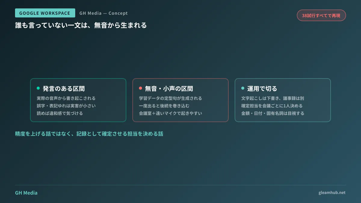 発言のある区間と無音・小声区間で、自動文字起こしの出力がどう変わるかを示した図