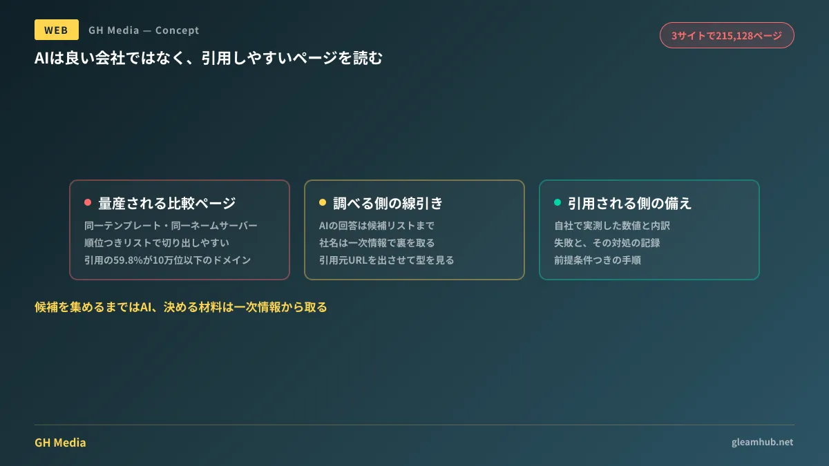 検索で人が読み比べる経路と、AIが引用元を選ぶ経路で、量産された比較ページがどこに入り込むかを示した図