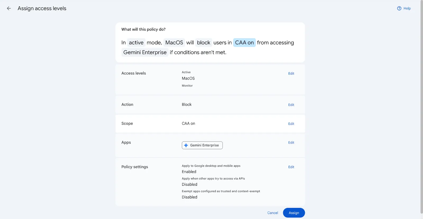 Official Google administrative interface assigning access criteria to Gemini Enterprise