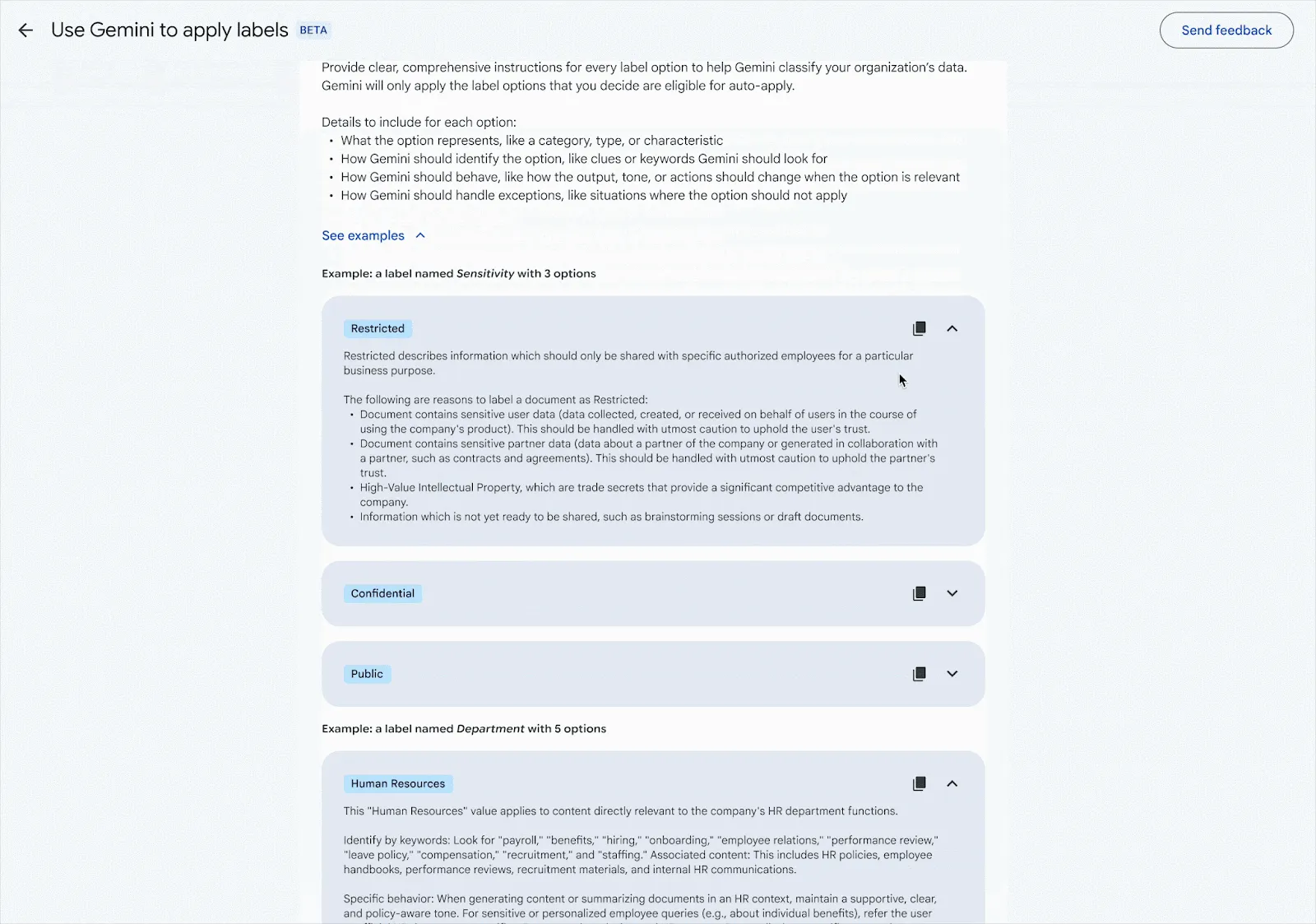 Example from Google's official demo showing classification instructions to Gemini and sensitivity level descriptions