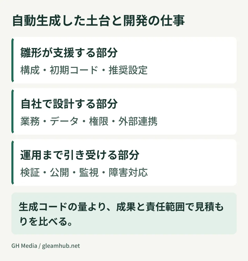 自動生成した土台と開発の仕事。雛形が支援する部分、自社で設計する部分、運用まで引き受ける部分を整理した図