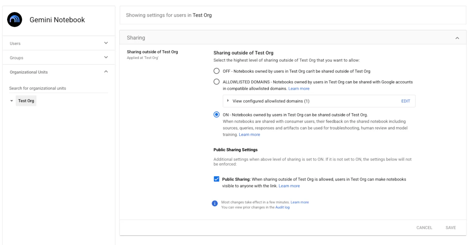 Official Google sharing settings screen for Gemini Notebook, showing external and public sharing options side by side
