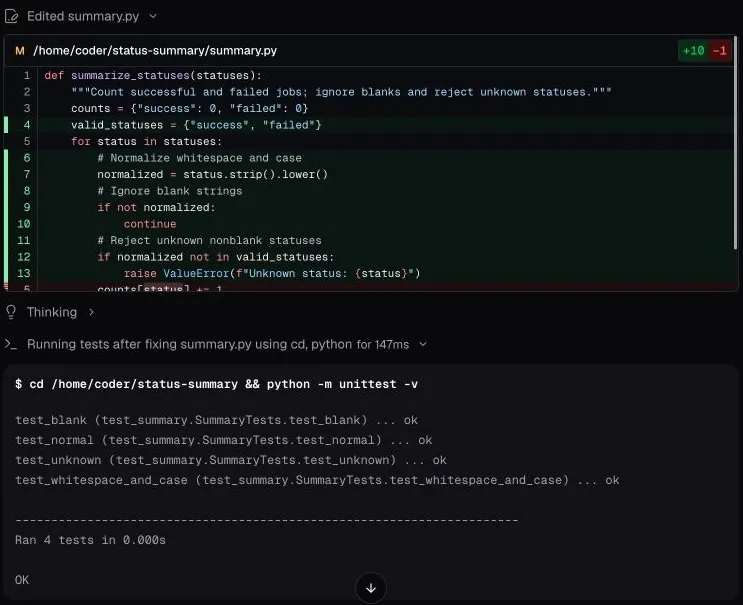 Coder Agentsがsummary.pyを変更した差分と、実際に実行した4件のPythonテストがすべてOKになった画面