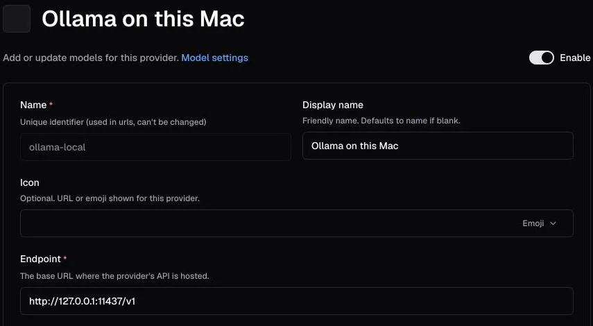 実際に起動したCoderのプロバイダー設定。EndpointにこのMacのOllamaを指すhttp://127.0.0.1:11437/v1を登録している